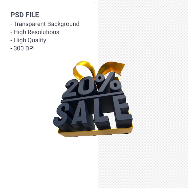 PSD 20% sale with bow and ribbon 3d design isolated