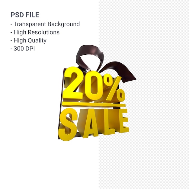 PSD 20% sprzedaży z kokardą i wstążką na białym tle