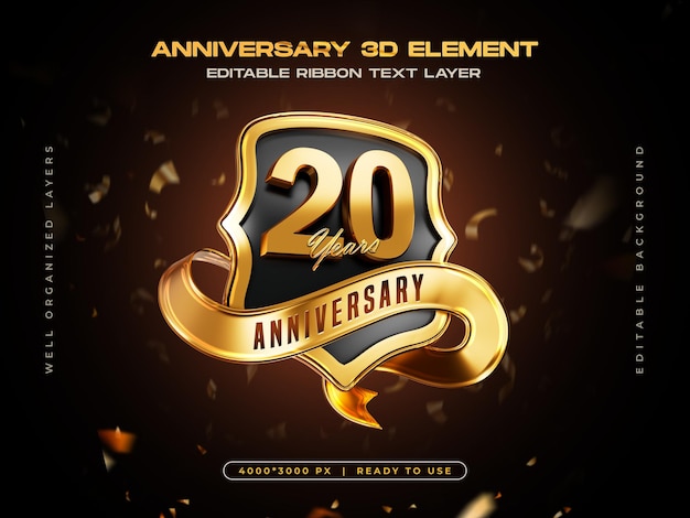 20주년 기념 배지, 황금 숫자, 럭셔리 리본 배너 디자인