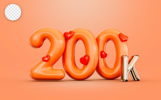 200k follower celebration orange color number with love icon 3d render concept for social banner