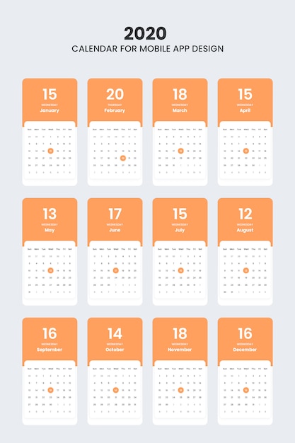 PSD 2020 calendar ui kit for mobile application ui design