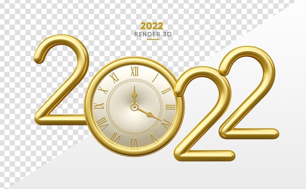 PSD 2022 in 3d rendering dorato con orologio realistico su sfondo trasparente