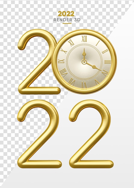 2022 in 3d golden render with realistic clock on transparent background