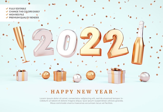 С новым годом 2022 флаер фон с золотыми металлическими цифрами и рождественскими вещами в 3d-рендеринге