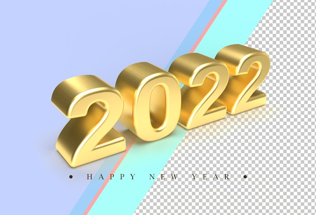 2022 happy new year perspective view of gold metallic shiny 3d numbers transparent psd