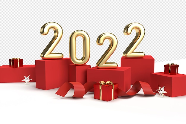2022 New Year Card with numbers on red cubes with gifts and ribbon