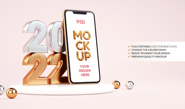 PSD modello dello schermo del telefono cellulare del nuovo anno 2022 con numeri metallici dorati in rendering 3d realistico