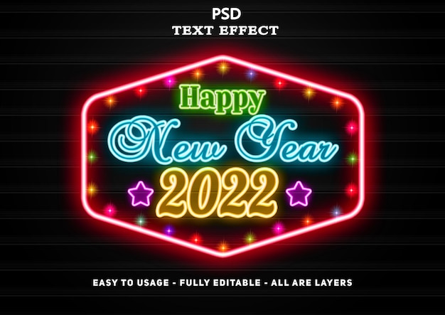 PSD 2022 szczęśliwego nowego roku efekt tekstu neonowego