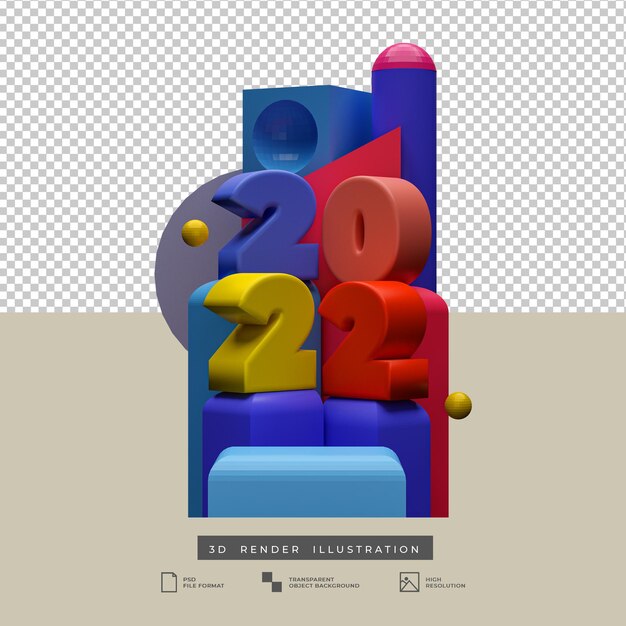 Render 3d del tema della forma della geometria multicolore del testo del nuovo anno del 2022