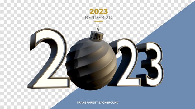 PSD 2023 3d con palla di natale rende la texture nera opaca il felice anno nuovo e il design natalizio