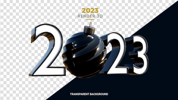 PSD 2023 3d con palla di natale rende la texture nera lucida il felice anno nuovo e il design natalizio