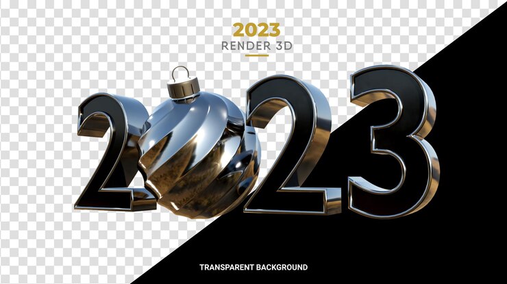 PSD 2023 3d with christmas ball render glossy chrome texture the happy new year and christmas design