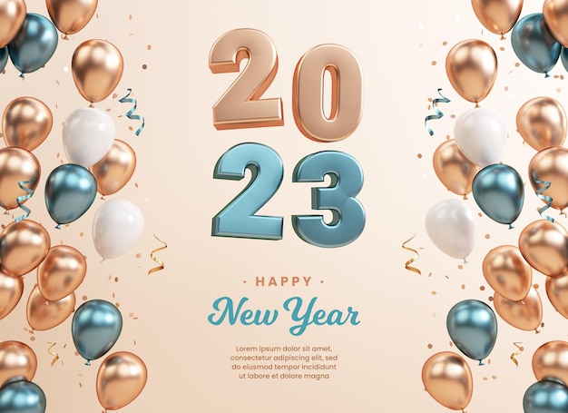 2023 festive banner template with floating numbers gold balloons and text on a cream background