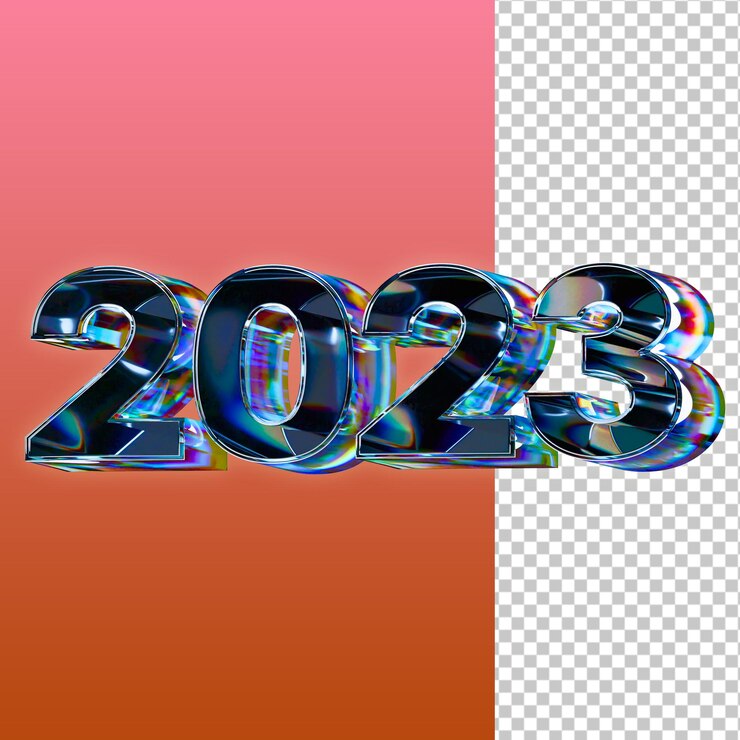 PSD 2023 glass refraction text style 3d illustration