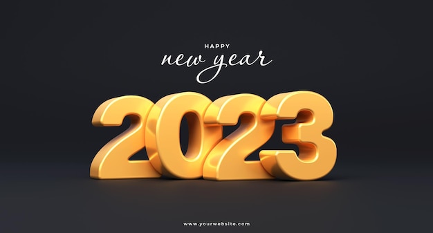 PSD 2023 happy new year banner with golden numbers on a dark background