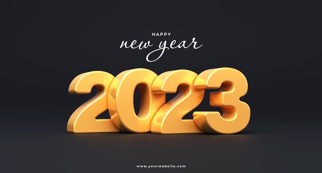 2023 happy new year banner with golden numbers on a dark background