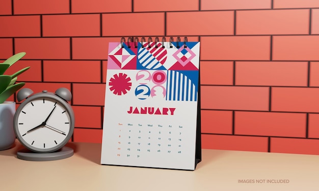 Многоцветный шаблон настольного календаря на 2023 год в стиле ноутбука с 3d-будильником горшок для растений на фоне кирпичной стены