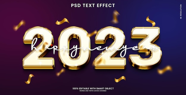 PSD 2023 new year golden 3d text effect with beautiful background and confetti