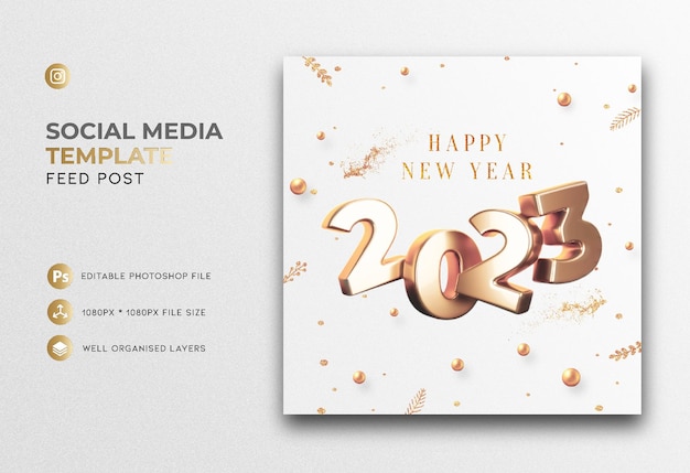 PSD 2023 rose goud 3d render met confetti gelukkig nieuwjaar social media post