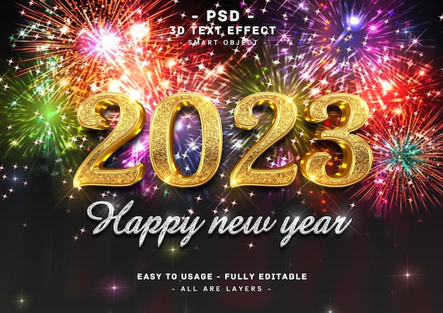 2023 Szczęśliwego Nowego Roku 3d Błyszczący Złoty Srebrny Efekt Tekstowy