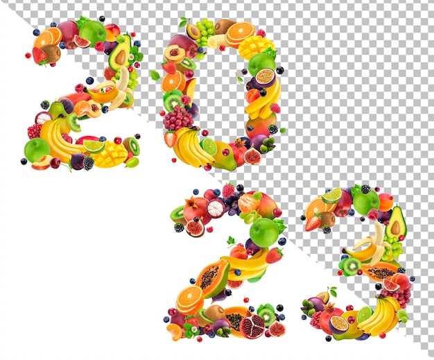 Номер 2023 года из фруктов и ягод изолирован на белом фоне Дизайн баннера здорового питания