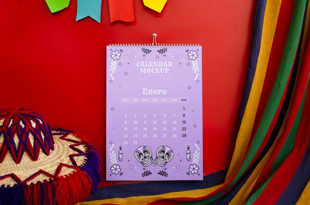 PSD 2024 calendar mockup with mexican aesthetics