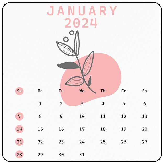 PSD 2024 calendar set with minimalist handdrawn botanical flower ornaments