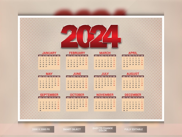 PSD modello di calendario 2024