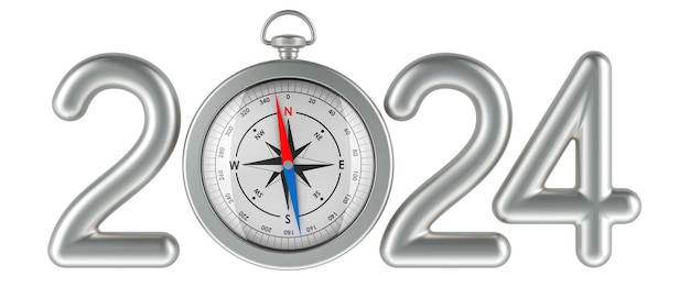 2024 concept with compass 3D rendering isolated on transparent background