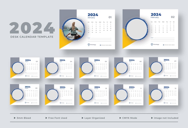 Шаблон настольного календаря на 2024 год, планировщик настольного календаря
