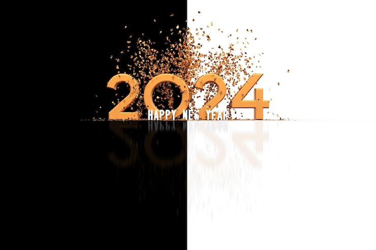 PSD 2024 happy new year gold confetti 3d rendering
