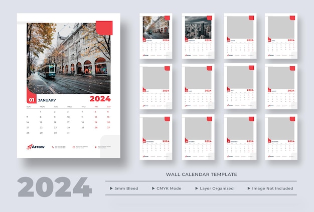 PSD modello di calendario da parete 2024. pianificatore di calendario da parete