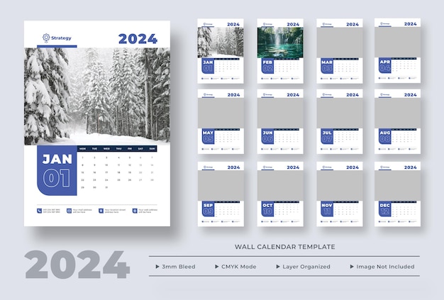 PSD modello di calendario da parete 2024. pianificatore di calendario da parete