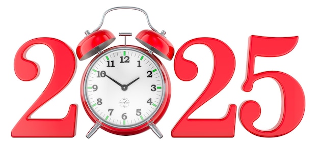 2025 concept with alarm clock 3d rendering isolated on transparent background