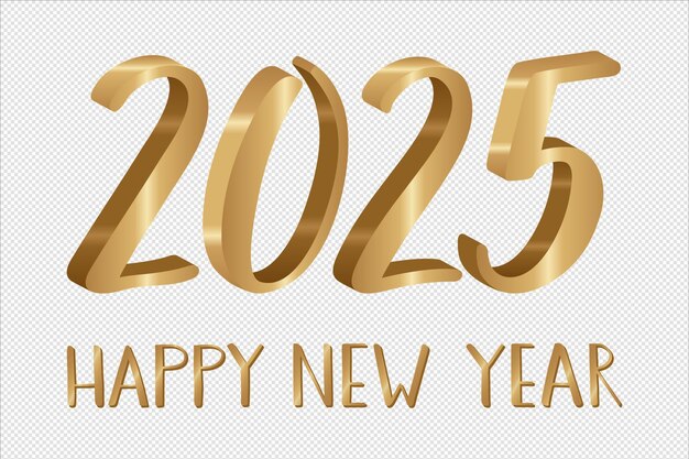 PSD 2025 golden 3d numbers with sparkling highlights and happy new year text isolated on a transparent