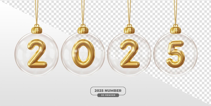 PSD 2025 gouden cijfers binnen transparent kerstversiering in 3d render met transparante achtergrond