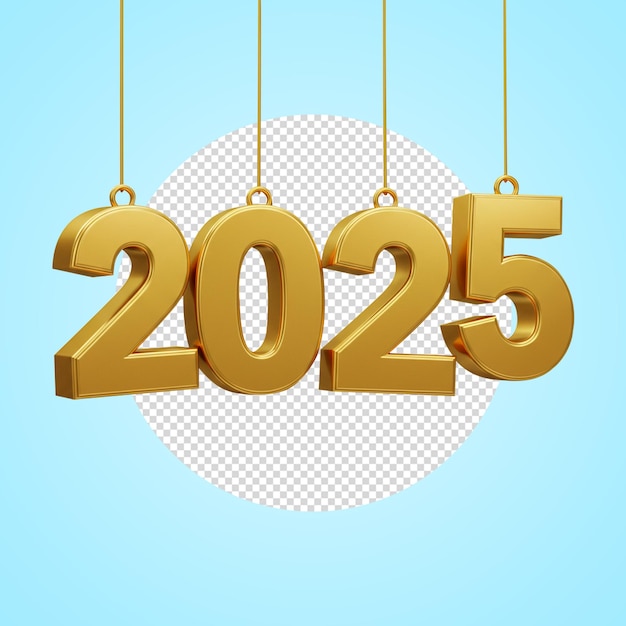 2025 Hanging Gold Numbers in 3D Render with transparent background