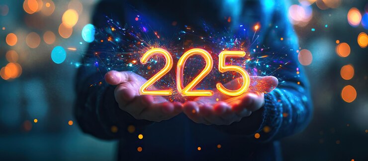 PSD 2025 neon number in hands with fireworks