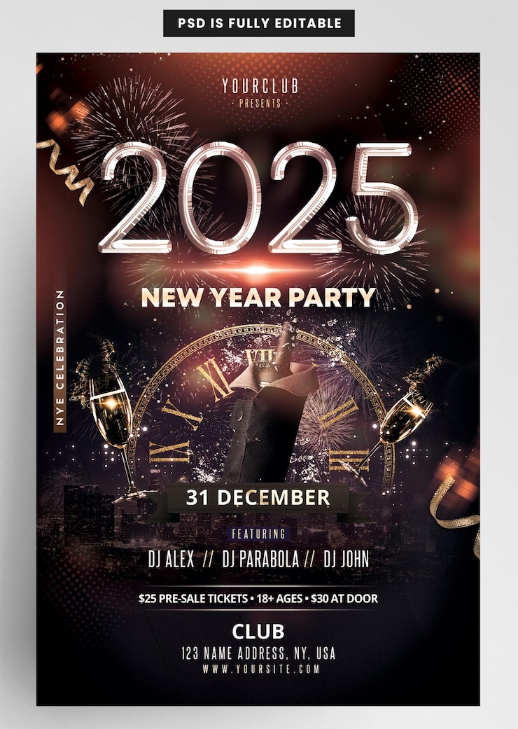 PSD 2025 nieuwjaarsavond elegant flyer design template