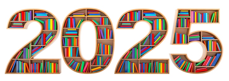 PSD 2025 van planken met boeken 3d rendering geïsoleerd op transparante achtergrond
