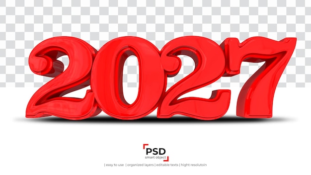 2027 red new year 3d rendering isolated on transparent background