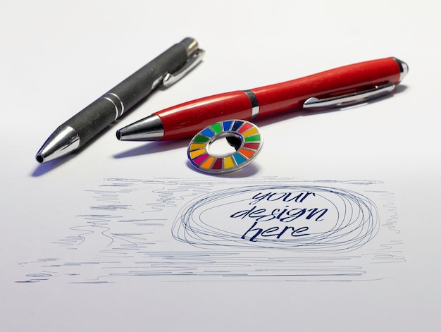 PSD 2030 agenda mockup sustainable development wheel pin and two pens over white background