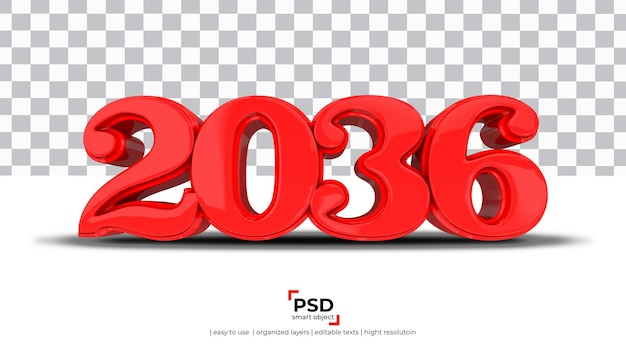 透明な背景に分離された2036年赤新年3Dレンダリング