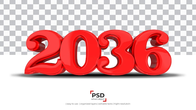 2036 rosso nuovo anno rendering 3d isolato su sfondo trasparente