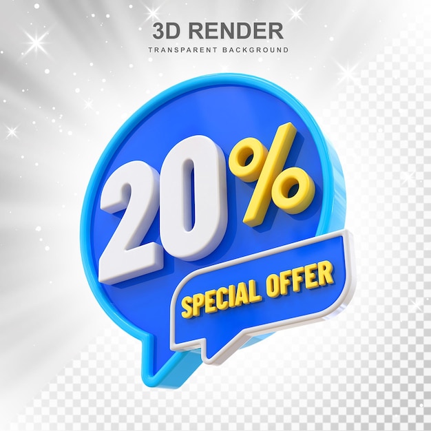 PSD 20percent discount offer label 3d render