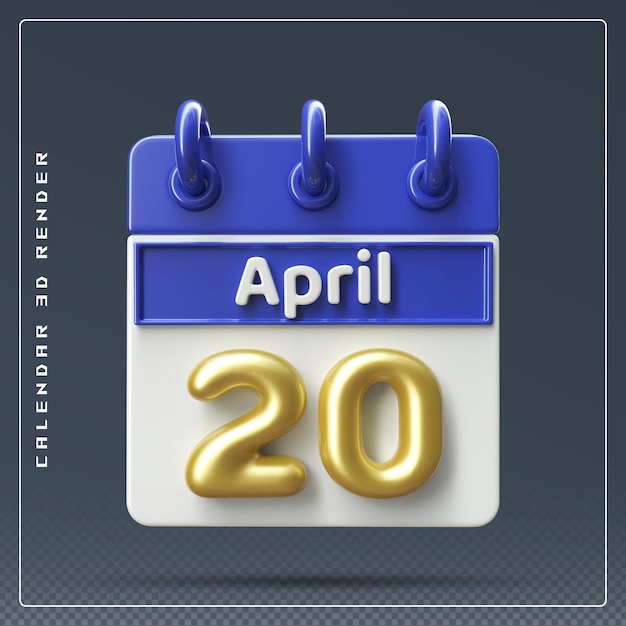 PSD 20th april calendar with checklist icon 3d render