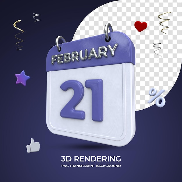 21 februari kalender 3d-rendering geïsoleerde transparante achtergrond