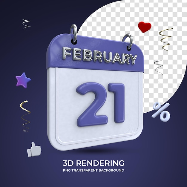 21 february calendar 3d rendering isolated transparent background