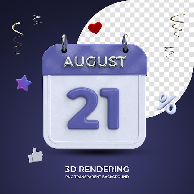 PSD 21 sierpnia kalendarz renderowania 3d na białym tle przezroczyste tło