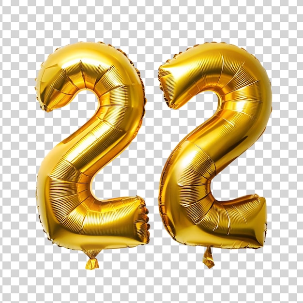 PSD 22 день рождения золотой фольги воздушный шар номер и цифра двадцать два на прозрачном фоне